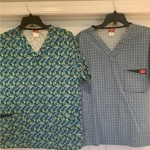 Two Dickies Womens Blue and Green Patterned Scrub Tops